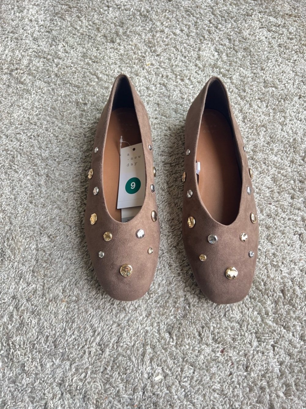 Women’s Brown Studded Faux Suede Flats. Size 9